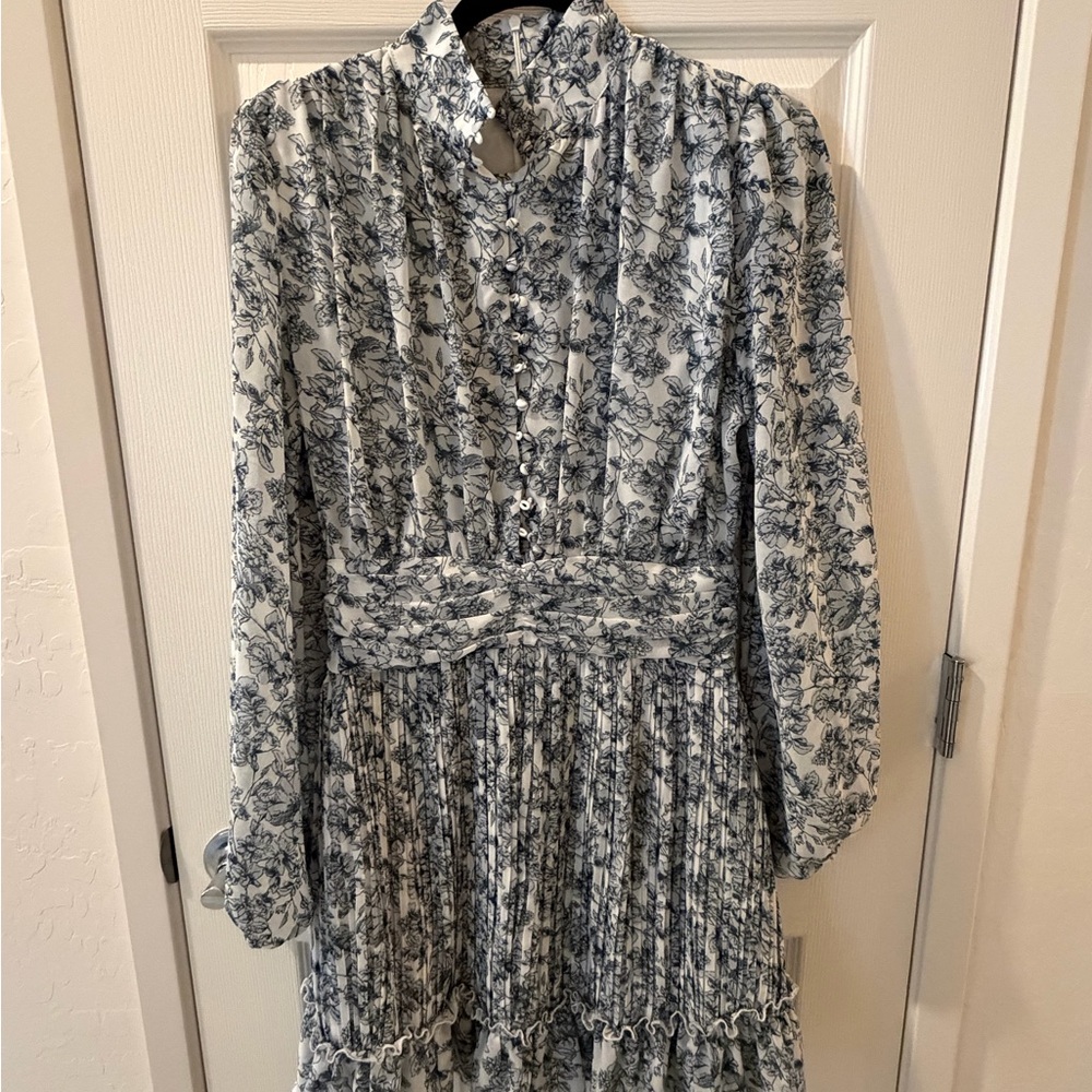 Ivy City Co White Dress with Blue Floral Print